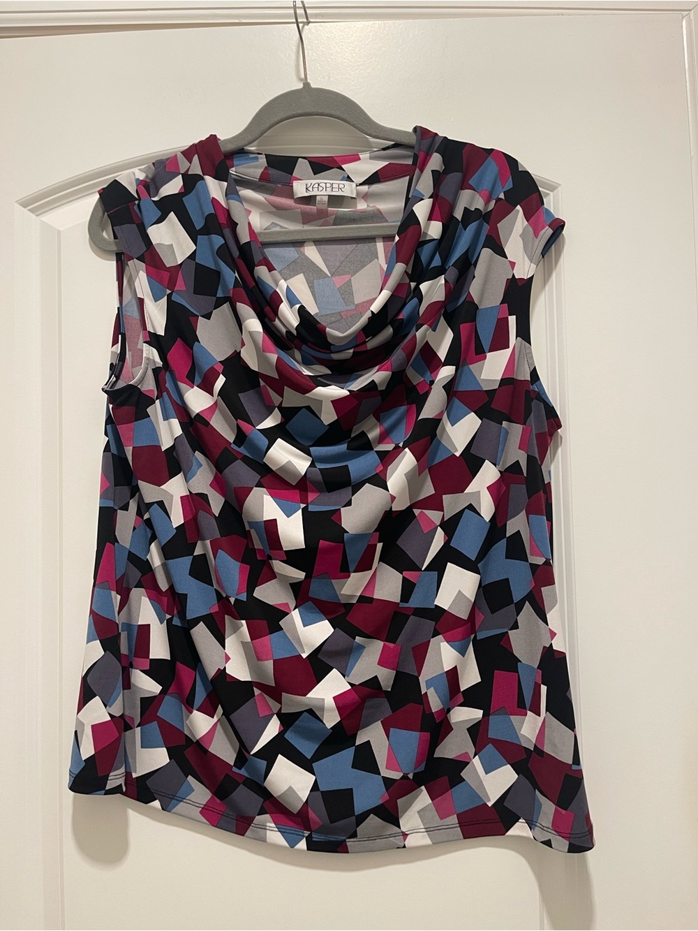 Kasper Geometric Cowl Neck Sleeveless Top in Berry, Blue & Black